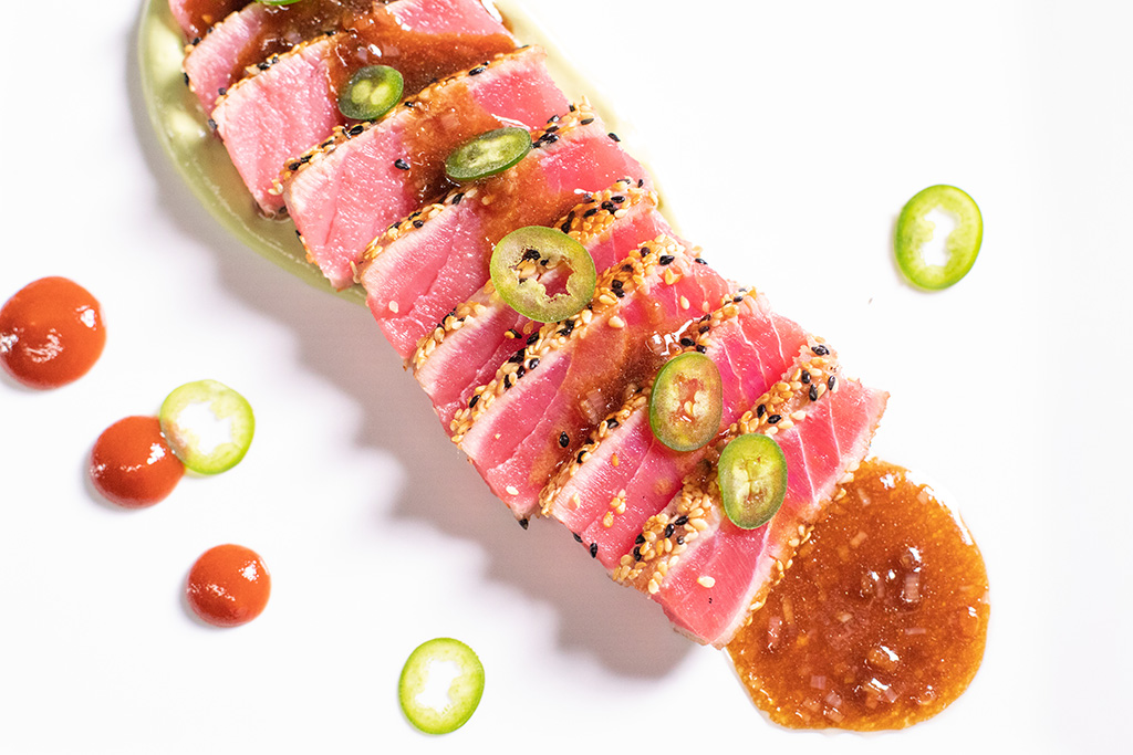 Sesame Crusted Ahi Tuna with Avocado Cream and Yuzu Vinaigrette