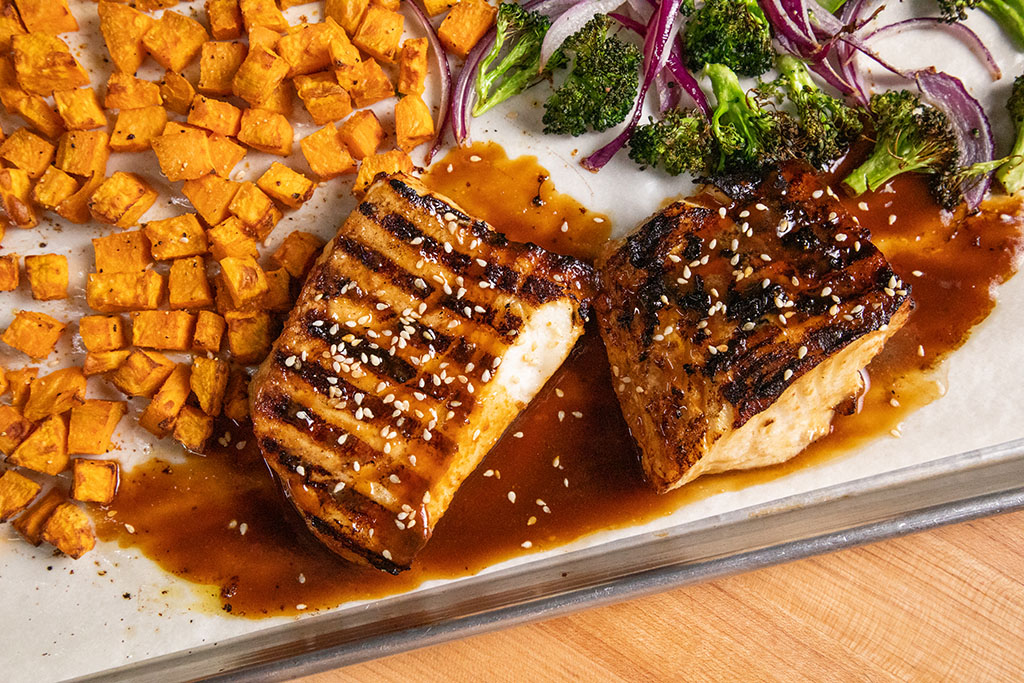 Miso Glazed Sea Bass with diced Sweet Potatoes and Broccoli