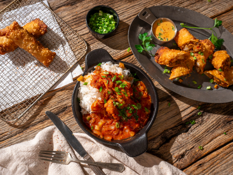 Alligator Sauce Picante with Crawfish and Shrimp Egg Rolls5