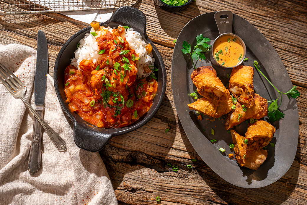 Alligator Sauce Picante with Crawfish and Shrimp Egg Rolls